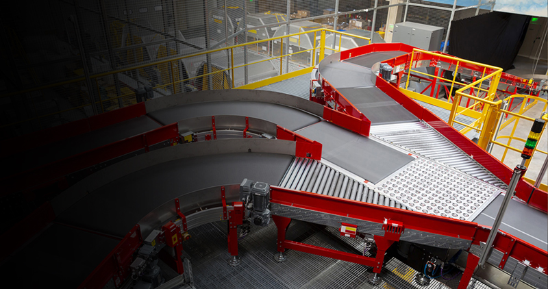 Red conveyor belt in factory