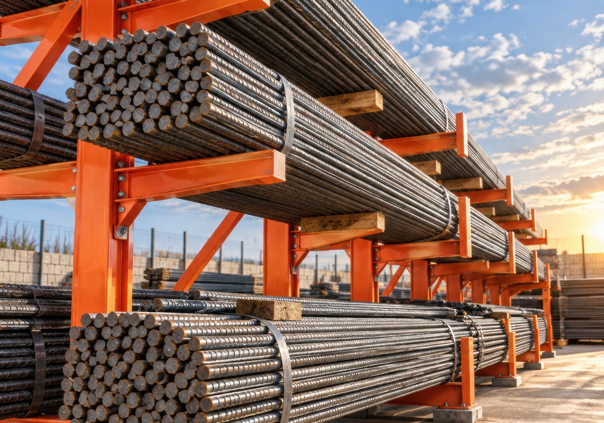 Steel reinforcement bars neatly stored on heavy-duty orange cantilever racks at a construction materials yard under a blue sky, representing industrial logistics, infrastructure, and building supply.
